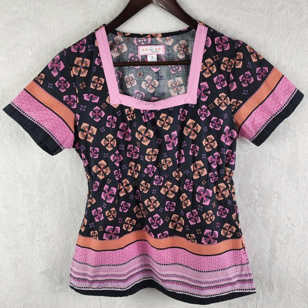 KOI Scrub Top Women S Black Pink Orange Floral & Stripes Kathy Peterson 119PR